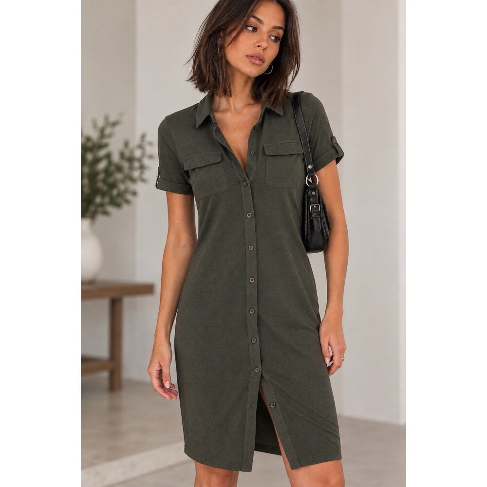 Chicos Utility Shirt Dress Womens XL Olive Green Button Front Safari Chic Career